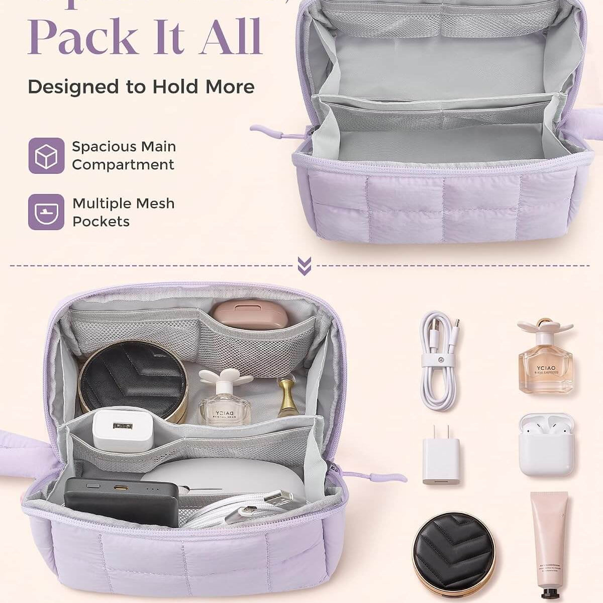 A lavender puffy tech pouchshown open in two views on a pale pink background, with text reading 'Open Wide, Pack It All' and callouts for spacious main compartment and multiple mesh pockets. Small tech accessories, cosmetics, and daily essentials are arranged beside the case to illustrate capacity.