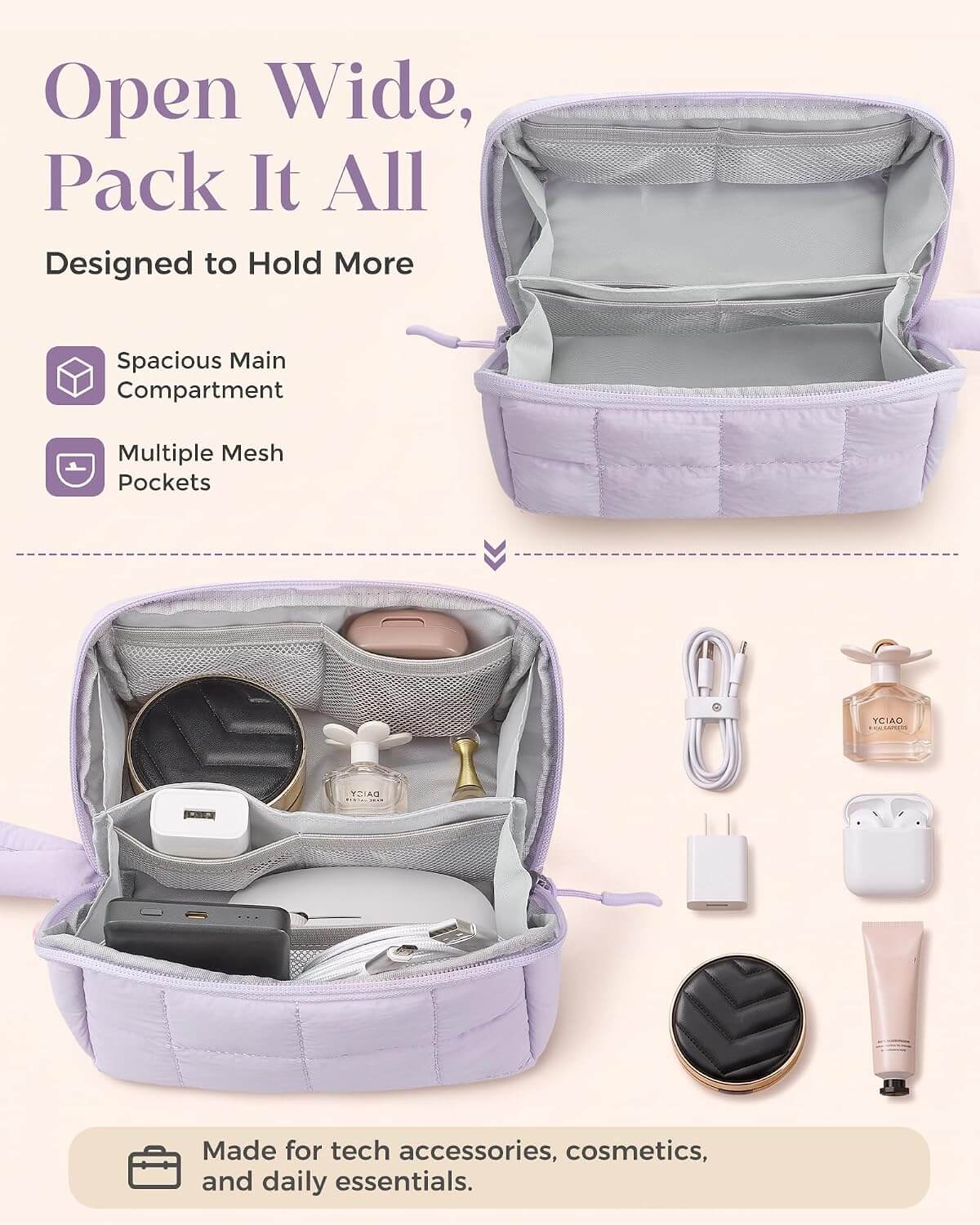 A lavender puffy tech pouchshown open in two views on a pale pink background, with text reading 'Open Wide, Pack It All' and callouts for spacious main compartment and multiple mesh pockets. Small tech accessories, cosmetics, and daily essentials are arranged beside the case to illustrate capacity.