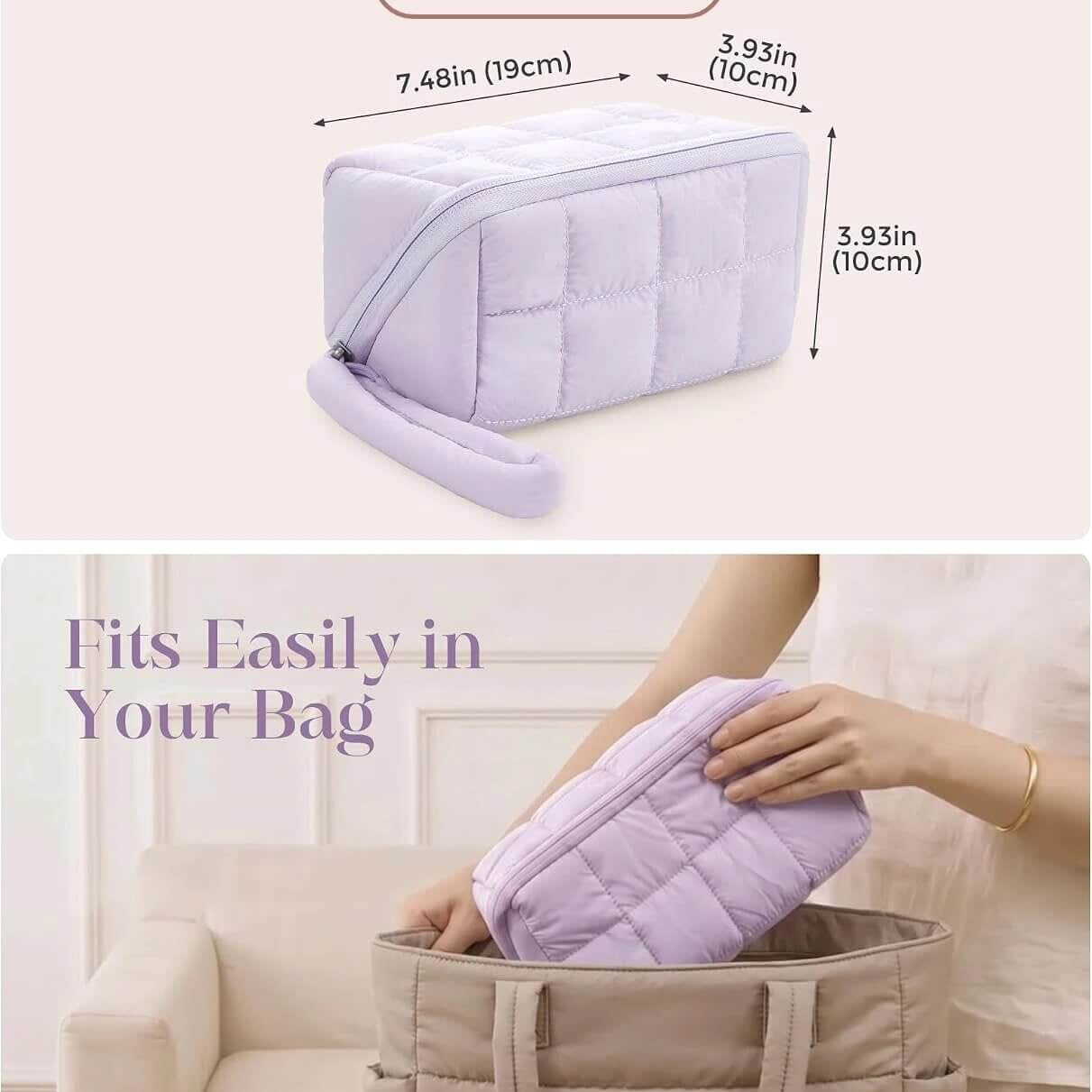 A lavender puffy tech pouch shown with size measurements and a second scene of a person placing the pouch into a beige tote bag. Text reads 'M No Extra Pouches' and 'Fits Easily in Your Bag.