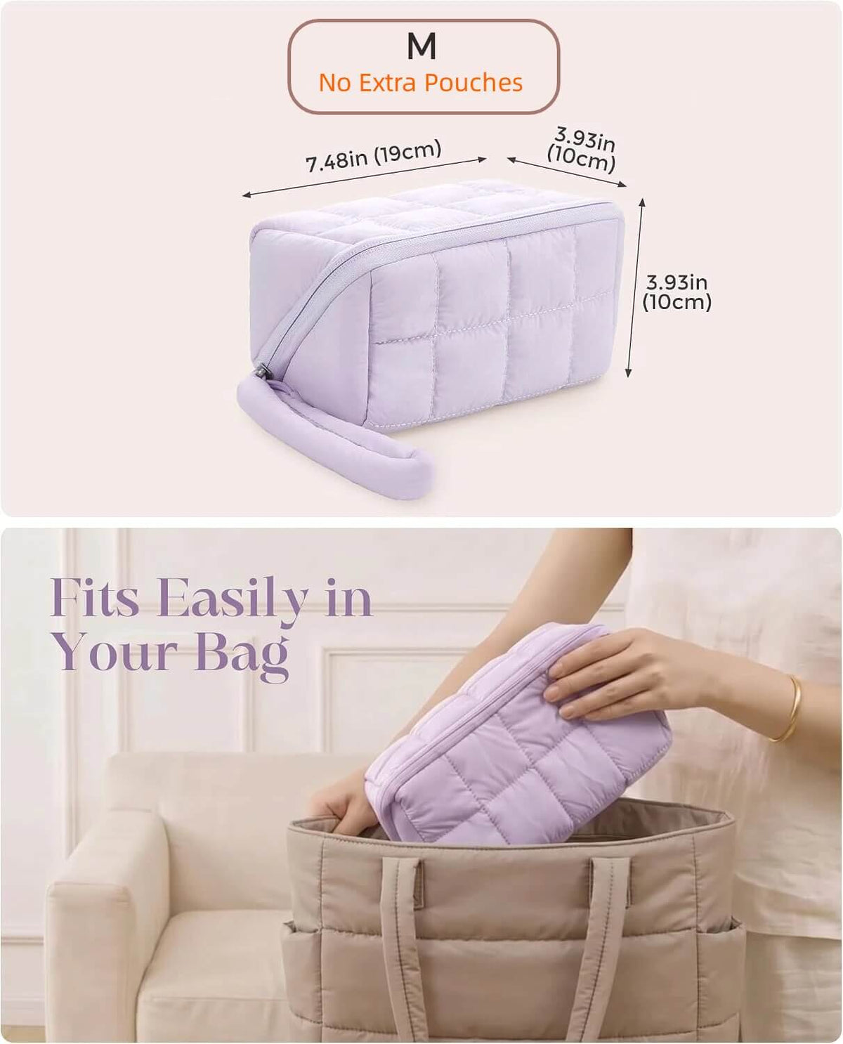 A lavender puffy tech pouch shown with size measurements and a second scene of a person placing the pouch into a beige tote bag. Text reads 'M No Extra Pouches' and 'Fits Easily in Your Bag.