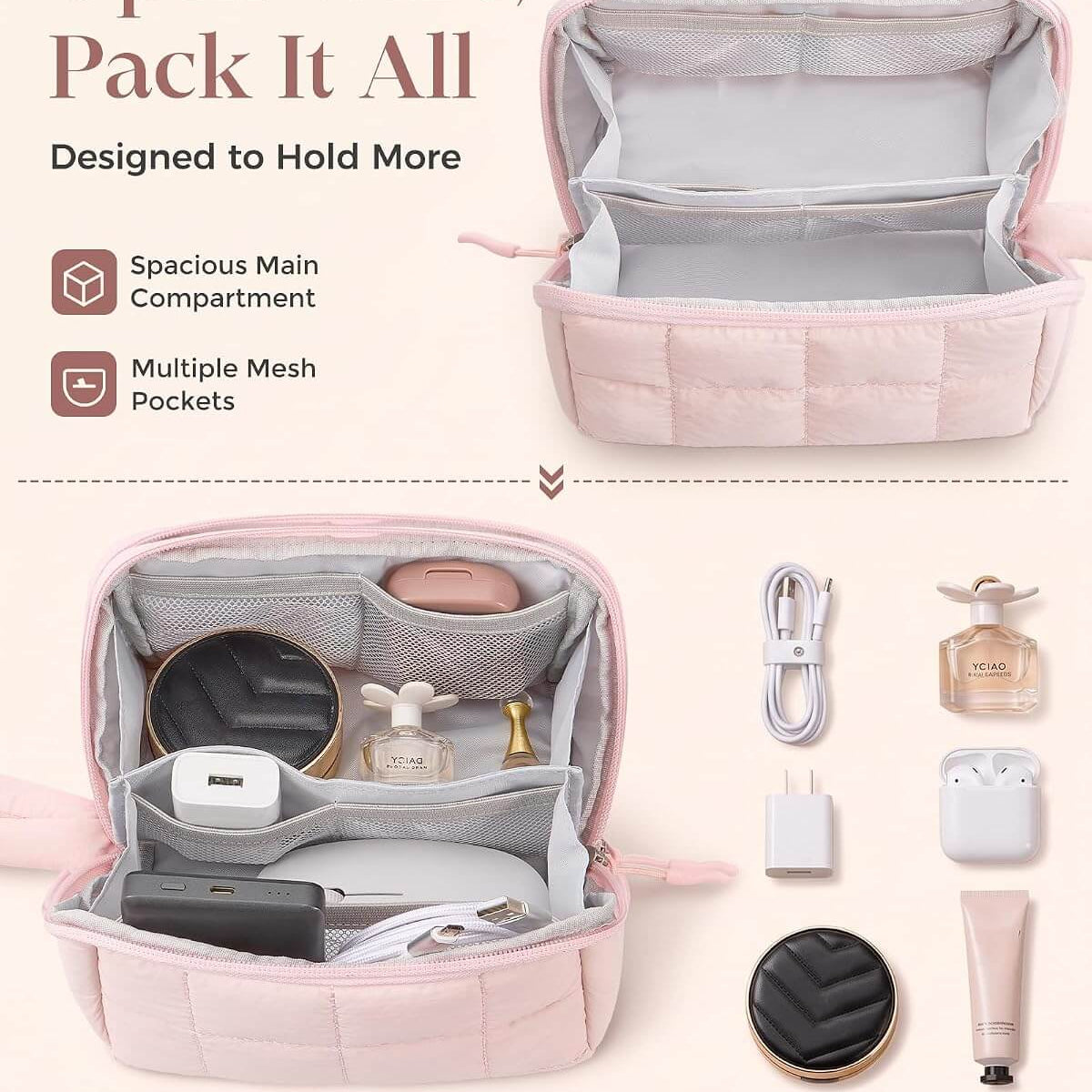 A pink puffy tech pouch shown open wide on a light beige background, with text describing its spacious main compartment and mesh pockets, plus small product examples like chargers, AirPods, perfume, and skincare items inside.