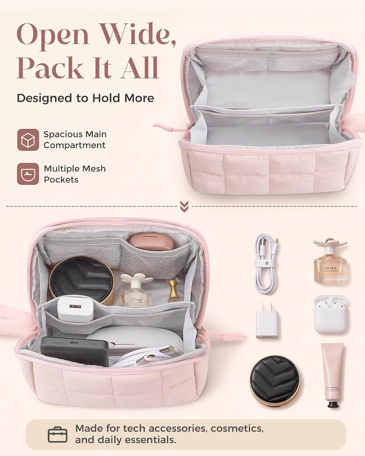 A pink puffy tech pouch shown open wide on a light beige background, with text describing its spacious main compartment and mesh pockets, plus small product examples like chargers, AirPods, perfume, and skincare items inside.