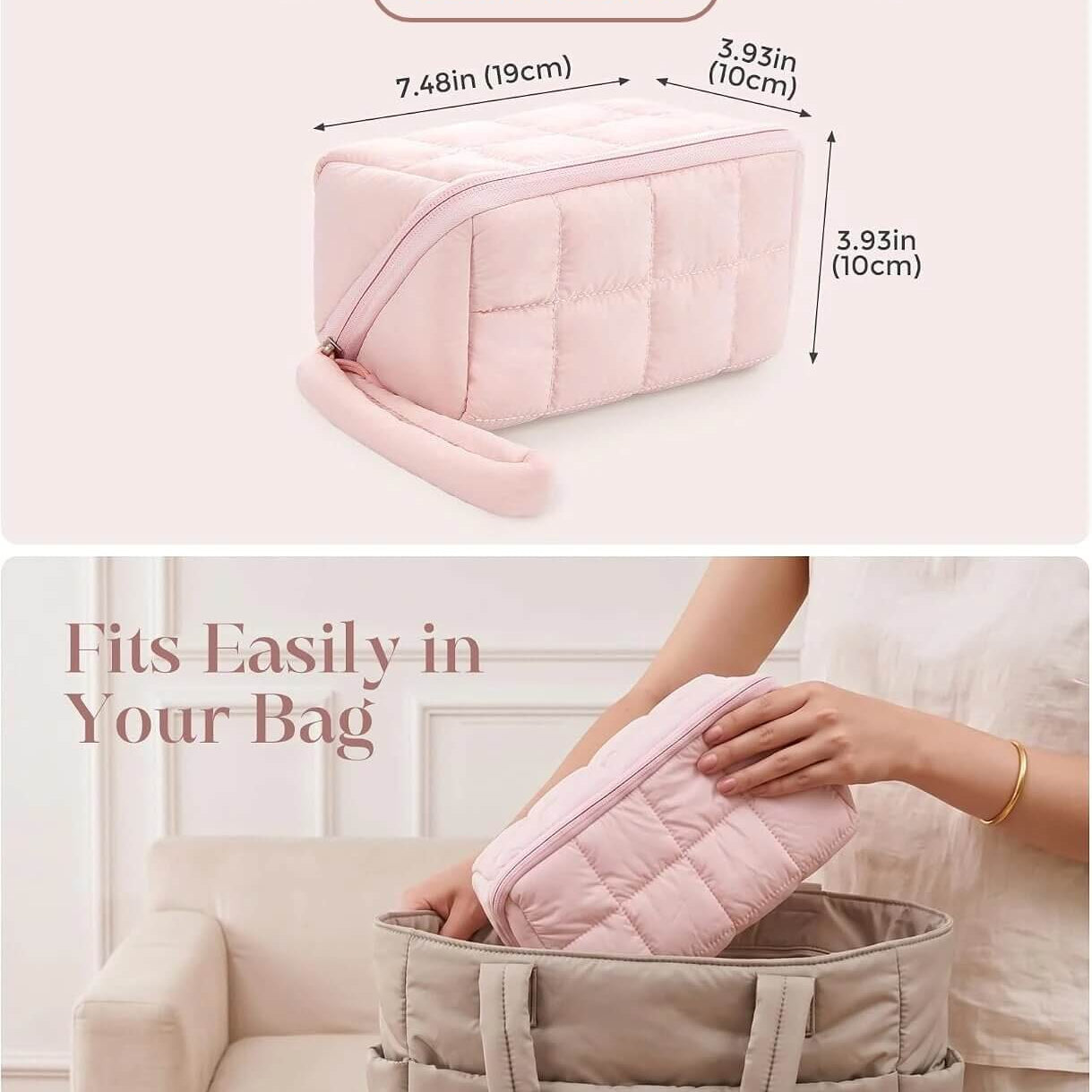 A pink puffy tech pouch shown with dimensions and text reading 'No Extra Pouches' and 'Fits Easily in Your Bag,' with a person's hands placing it into a beige tote bag in a home setting.
