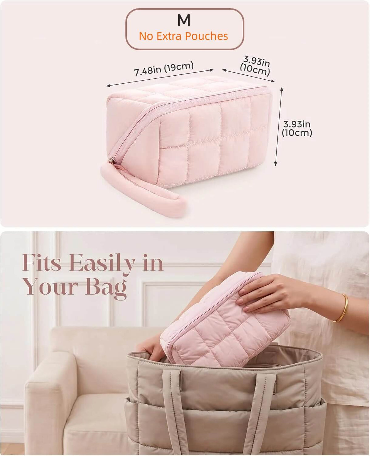A pink puffy tech pouch shown with dimensions and text reading 'No Extra Pouches' and 'Fits Easily in Your Bag,' with a person's hands placing it into a beige tote bag in a home setting.