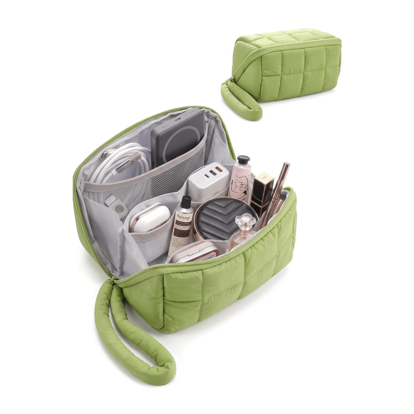 An olive green puffy tech pouch shown open with various makeup items and accessories inside, plus a smaller closed view of the same bag in the upper right on a white background.
