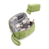 An olive green puffy tech pouch shown open with various makeup items and accessories inside, plus a smaller closed view of the same bag in the upper right on a white background.
