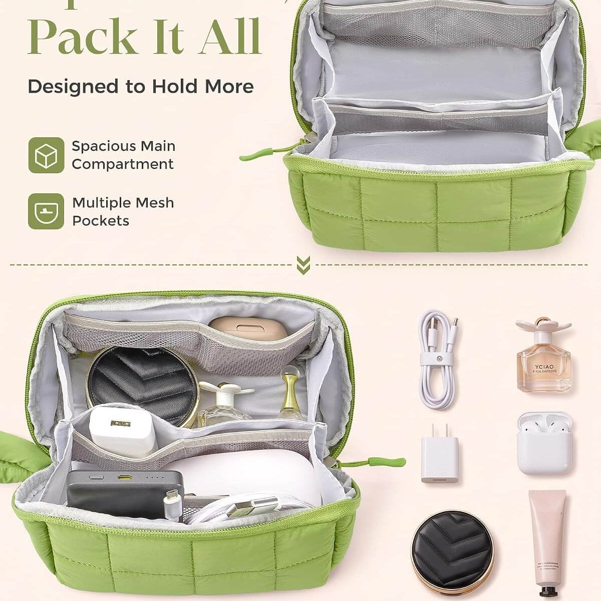 A green puffy tech pouch shown open on a light beige background, with text describing its spacious main compartment and multiple mesh pockets. The lower section shows the case packed with tech accessories, cosmetics, and daily essentials, alongside small product icons.