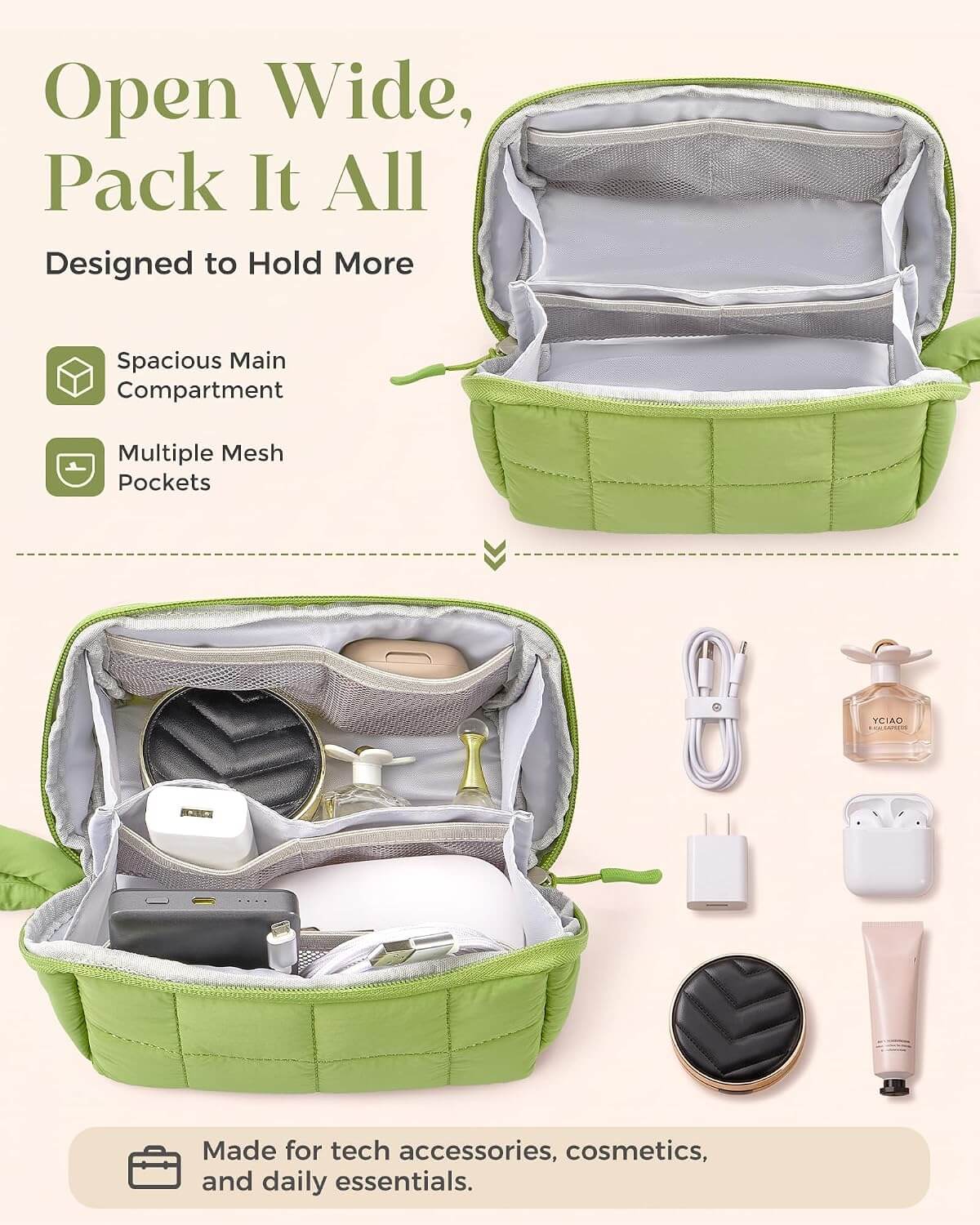 A green puffy tech pouch shown open on a light beige background, with text describing its spacious main compartment and multiple mesh pockets. The lower section shows the case packed with tech accessories, cosmetics, and daily essentials, alongside small product icons.