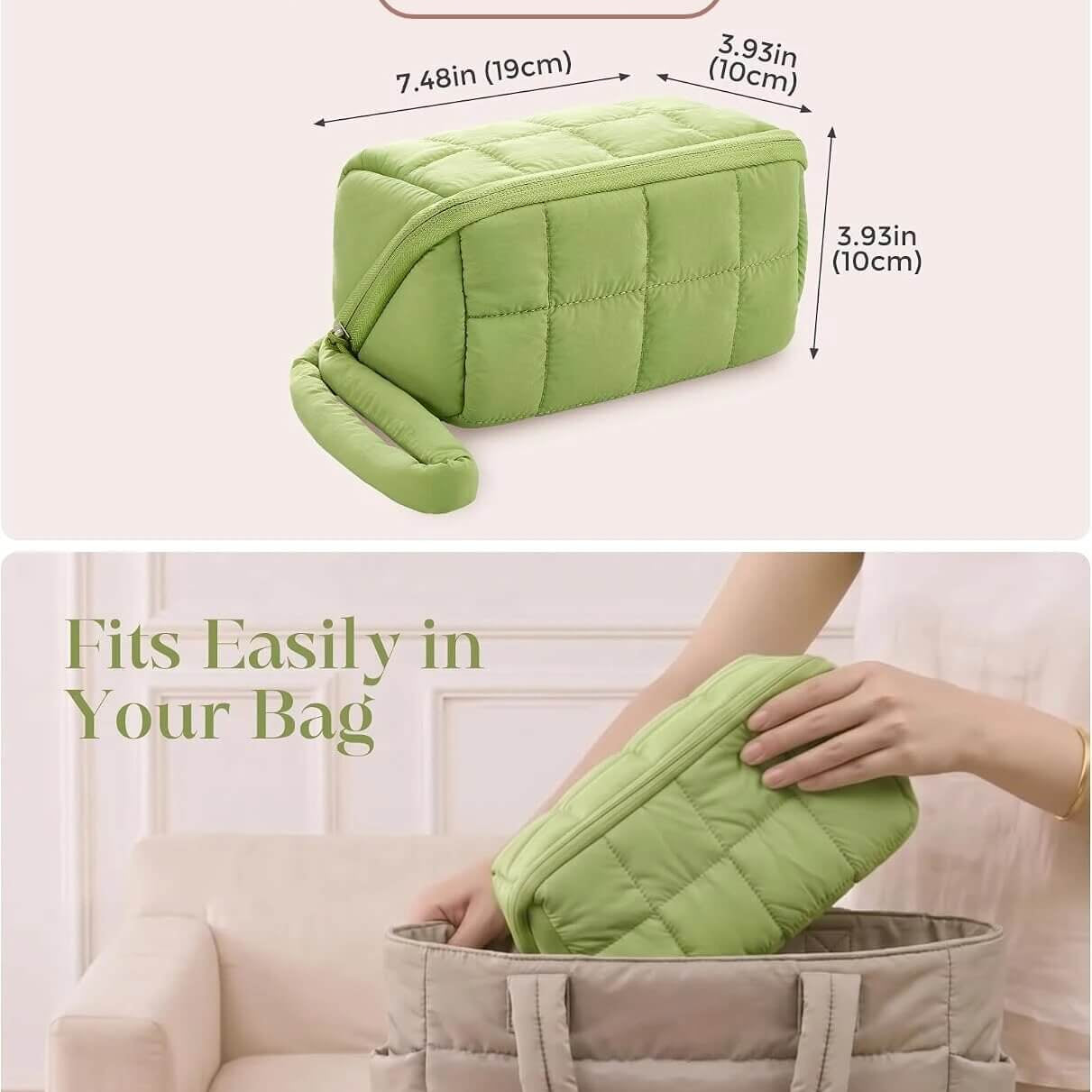 A light green puffy tech pouch shown with dimension labels and usage text, plus a lower scene of a person placing the pouch into a beige tote bag on a sofa.