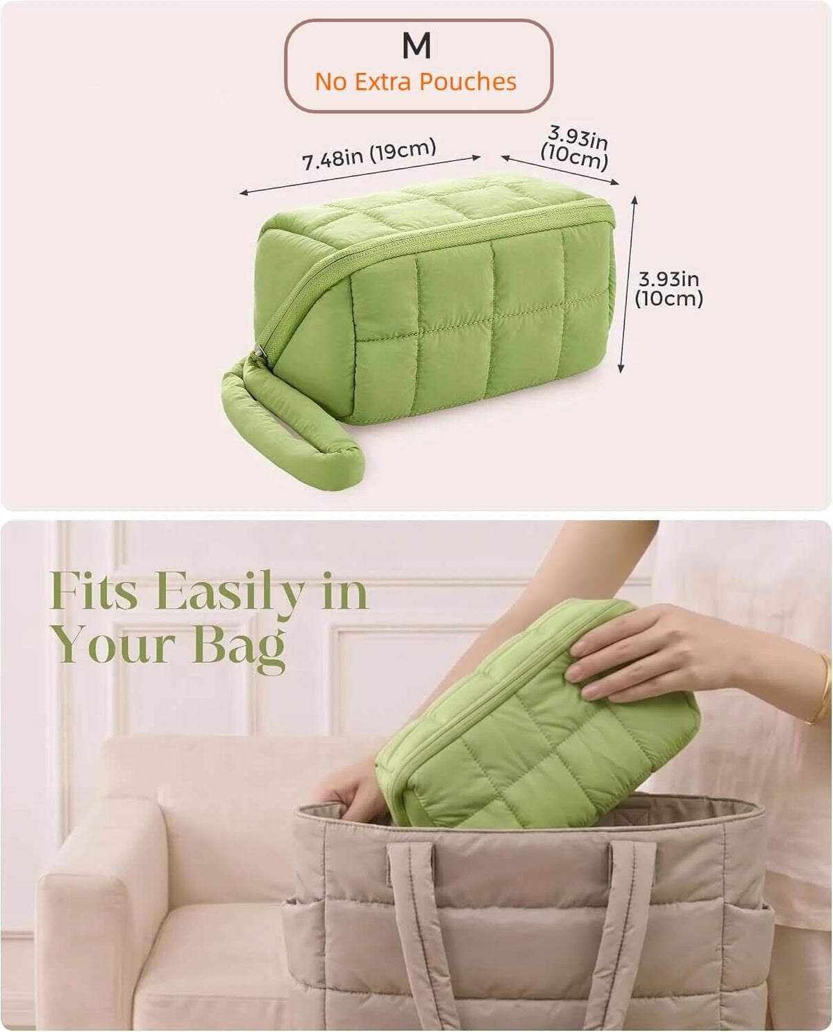 A light green puffy tech pouch shown with dimension labels and usage text, plus a lower scene of a person placing the pouch into a beige tote bag on a sofa.