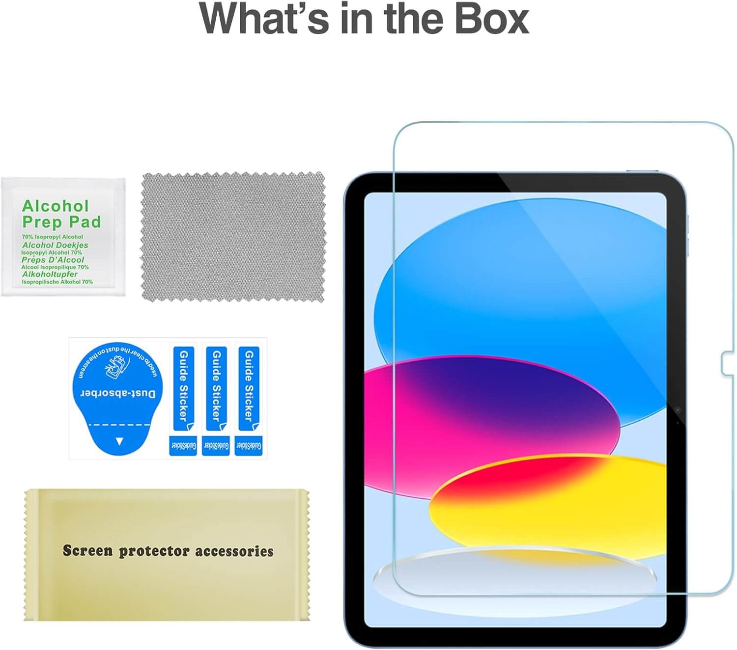 Tablet screen protector with cleaning cloth, alcohol prep pad, and applicator in a box.