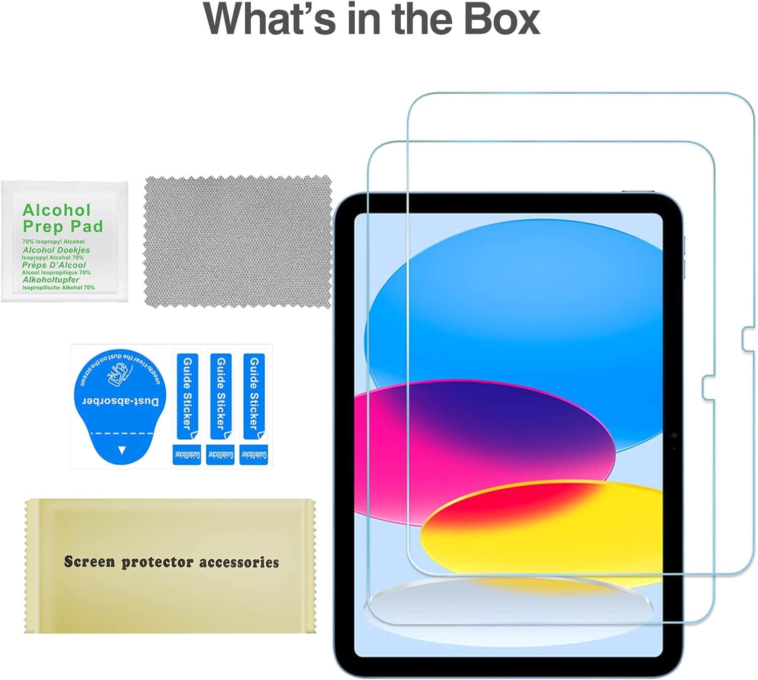 Screen protector accessories including a tablet with screen protector, alcohol prep pad, cleaning cloth, and application tools.