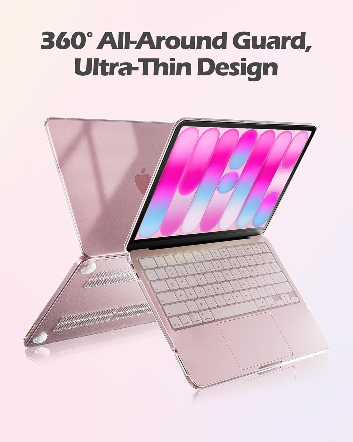 MacBook Neo with a protective case on a light background, emphasizing '360° All-Around Guard' and 'Ultra-Thin Design'.