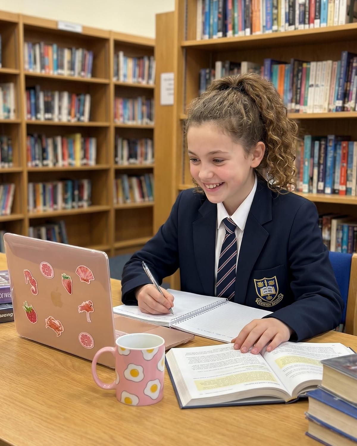 Girl in school uniform sitting at a table with a MacBook Neo, books, and a mug in a library setting.