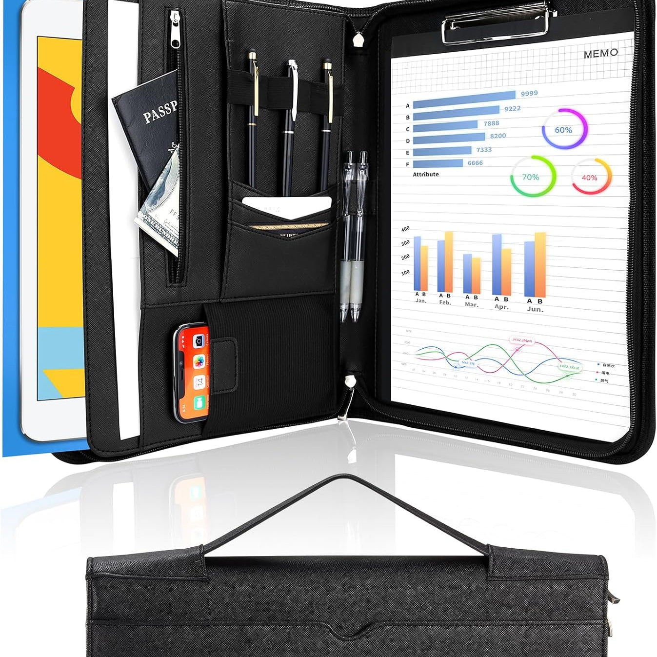 Portfolio Business Padfolio Folder with Handle and Zipper, Conference Meeting Executive File Legal Document Organizer with Pockets Letter Size A4 Writing Pad Notepad Padfolio -Allblack