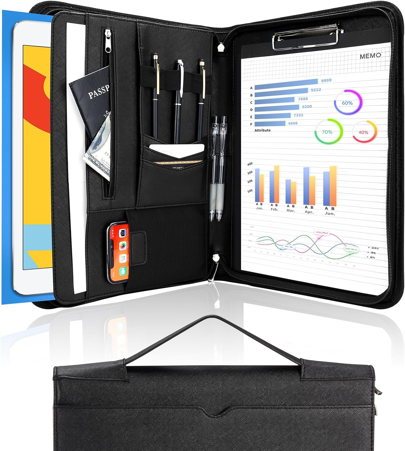 Portfolio Business Padfolio Folder with Handle and Zipper, Conference Meeting Executive File Legal Document Organizer with Pockets Letter Size A4 Writing Pad Notepad Padfolio -Allblack