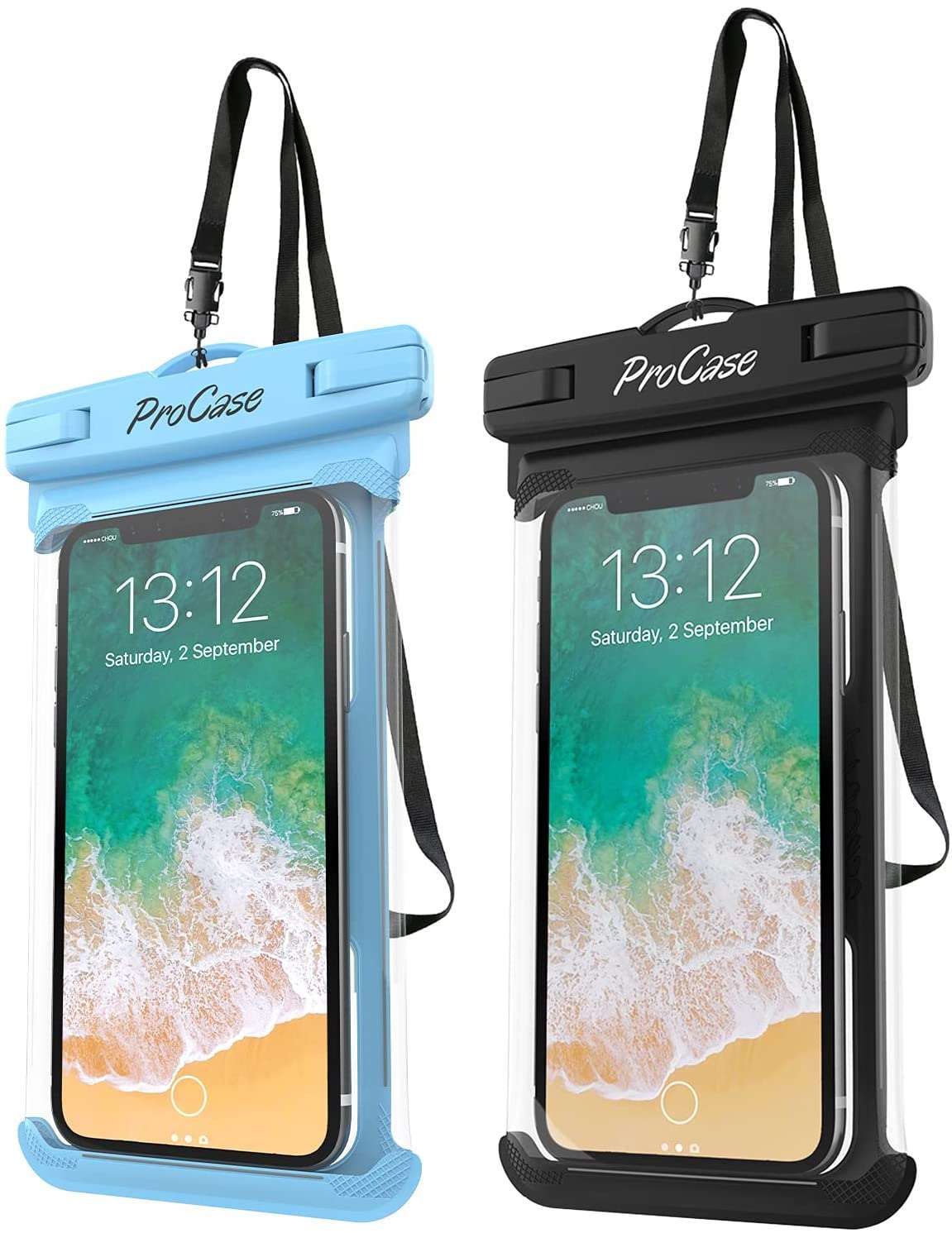 Universal Waterproof Pouch Phone Dry Bag - 2 Pack | ProCase blue+blakc