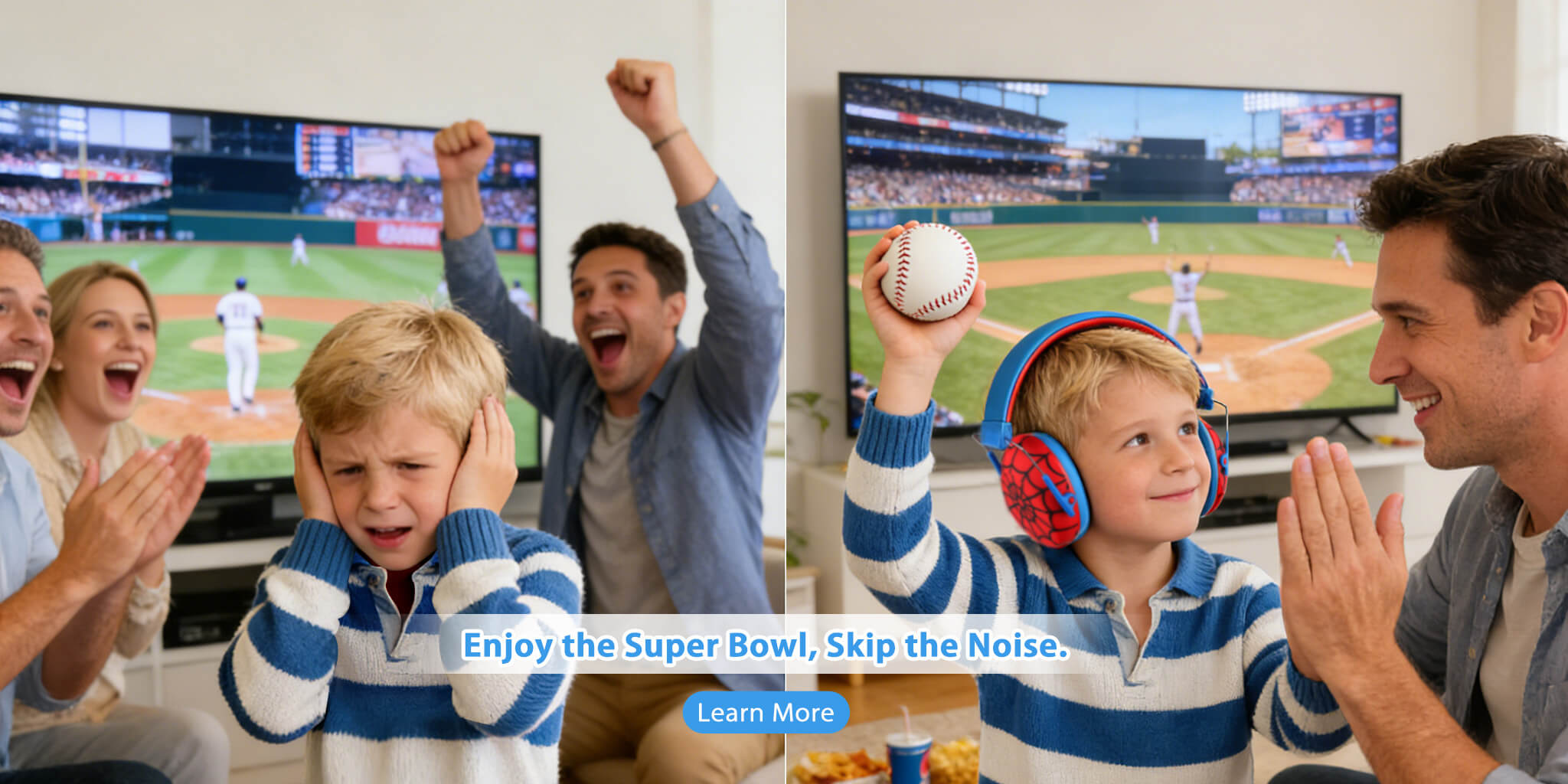 Family watching a baseball game on TV with a focus on noise reduction earmuffs.