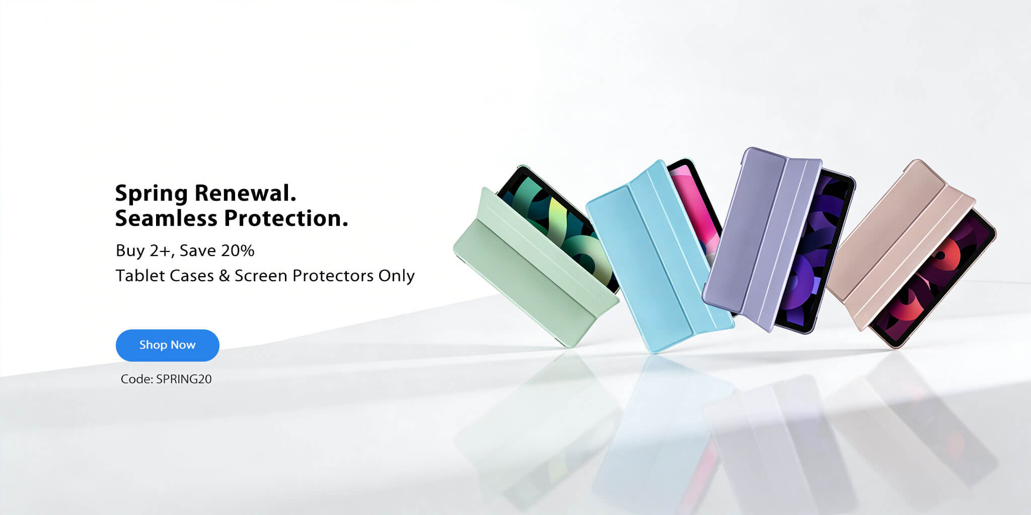 Tablet cases and screen protectors in various colors on a white background with promotional text.