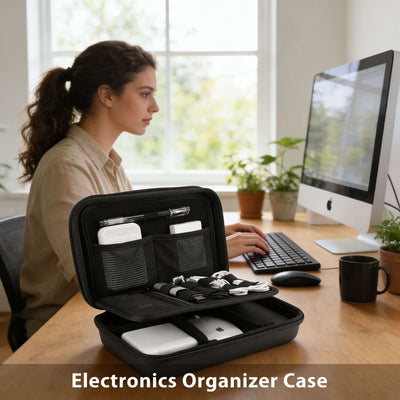 Woman at a desk with an open electronics organizer case containing various devices.