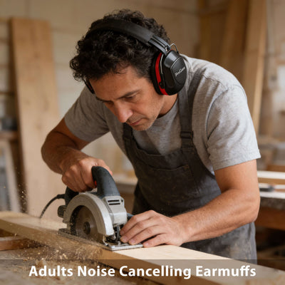 Man using a circular saw with noise-cancelling earmuffs in a workshop.
