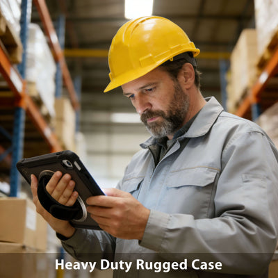 Man in a warehouse wearing a yellow hard hat and using a heavy duty rugged case