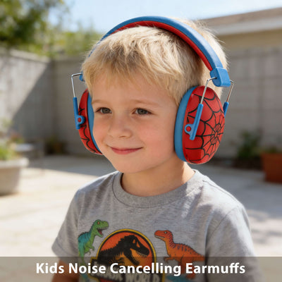 Child wearing Spider-Man themed noise-cancelling earmuffs outdoors.