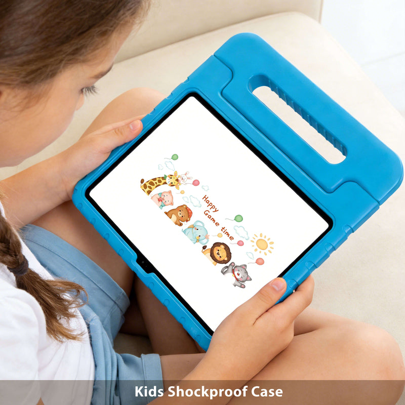 Child holding a tablet with a blue shockproof tablet case
