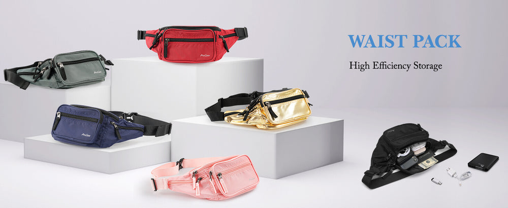 Collection of waist packs in various colors 
