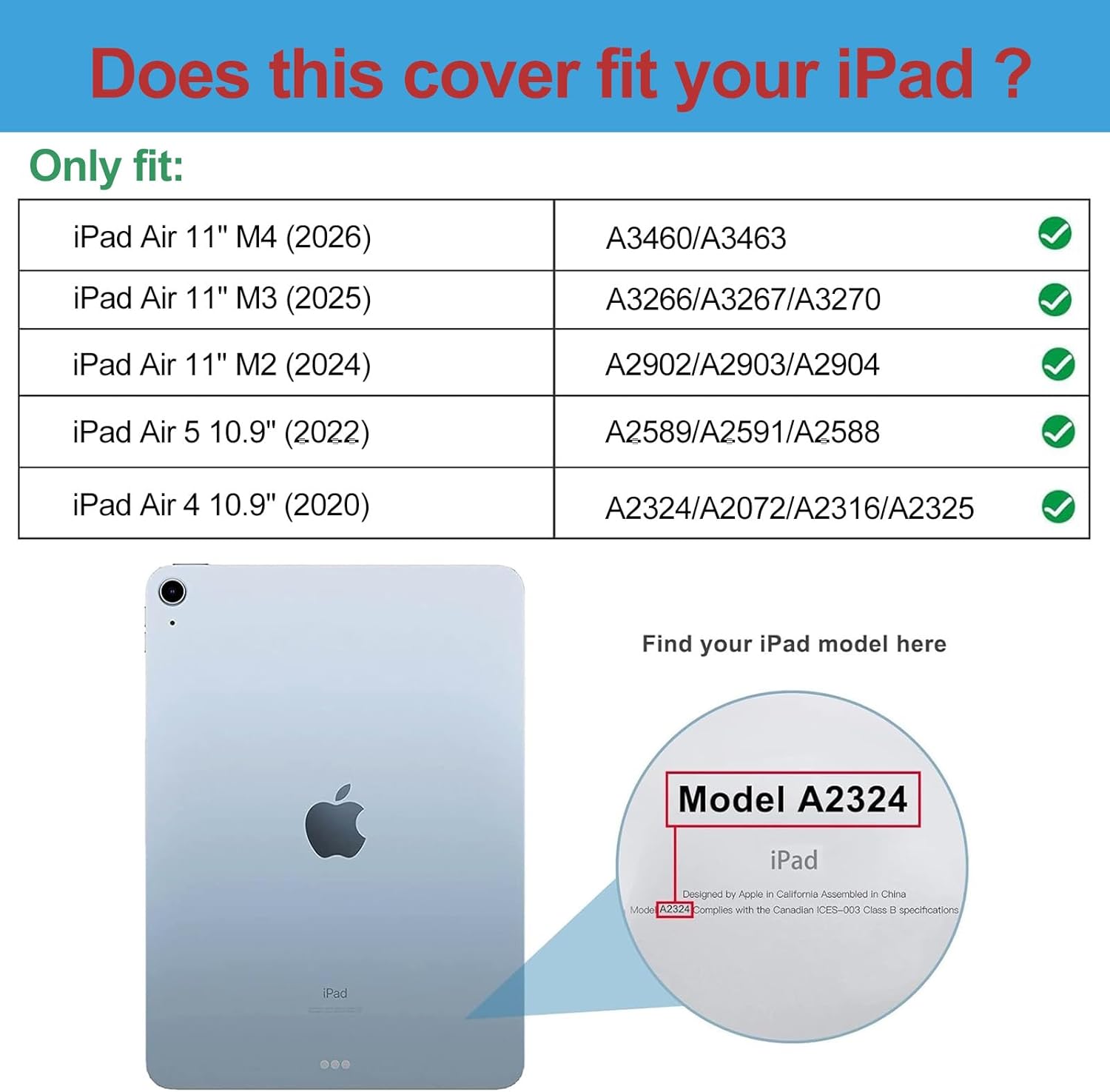 Tablet cover compatibility chart for iPad Air 11-inch with an Apple logo on a white background.