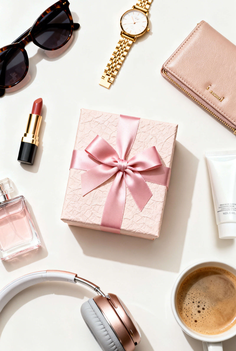 Gift box with pink ribbon surrounded by sunglasses, lipstick, watch, wallet, perfume bottle, headphones, and coffee cup