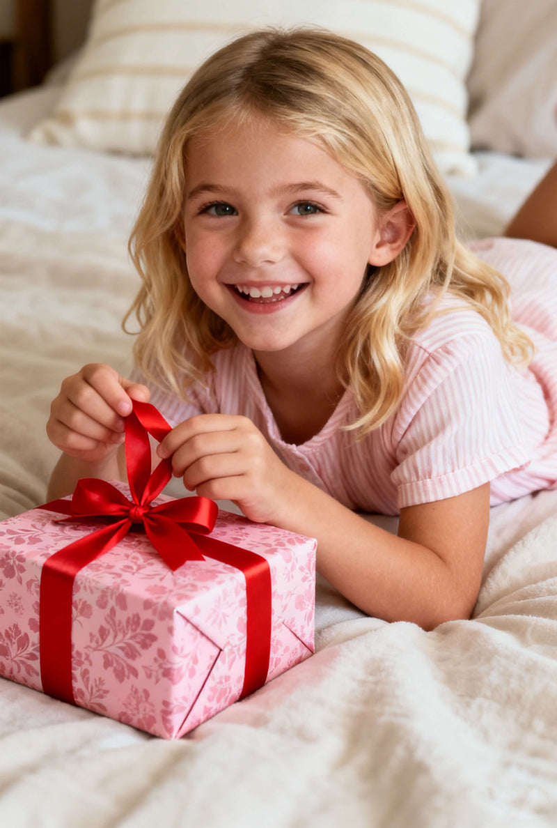 Young girl opening a pink gift box with a red ribbon on a bed.
