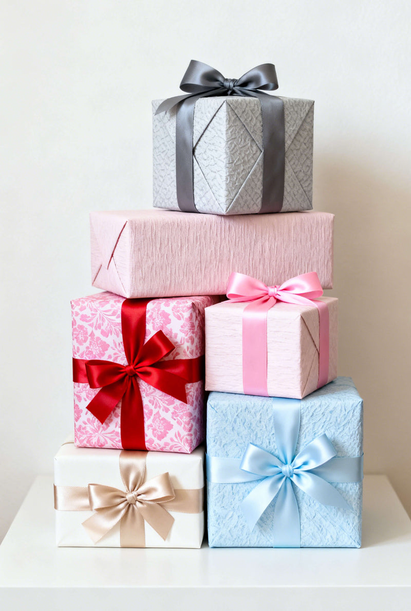 Stack of colorful gift boxes with ribbons