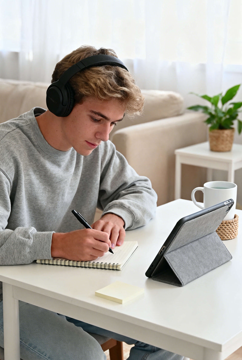 A teenager is using a tablet while studying at home