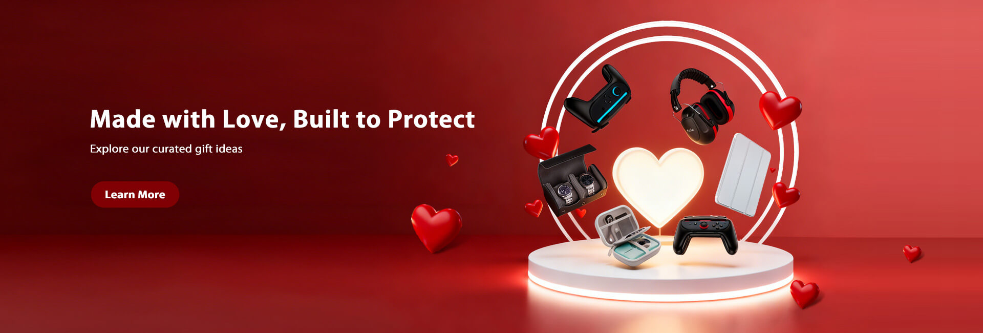 Product display with heart-themed elements on a red background, featuring text about love and protection.