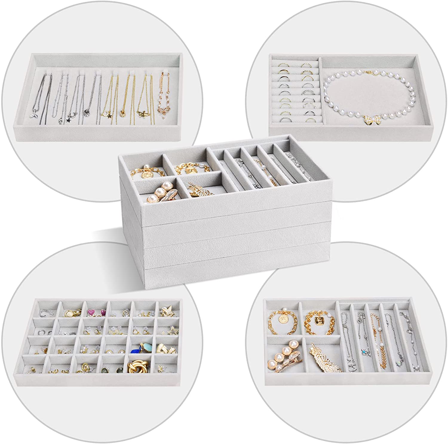 ProCase 3 Stackable Jewelry Trays Organizer Set for Drawers, Jewellery Drawer Insert Divider Jewel Display Storage with Removable Dividers for