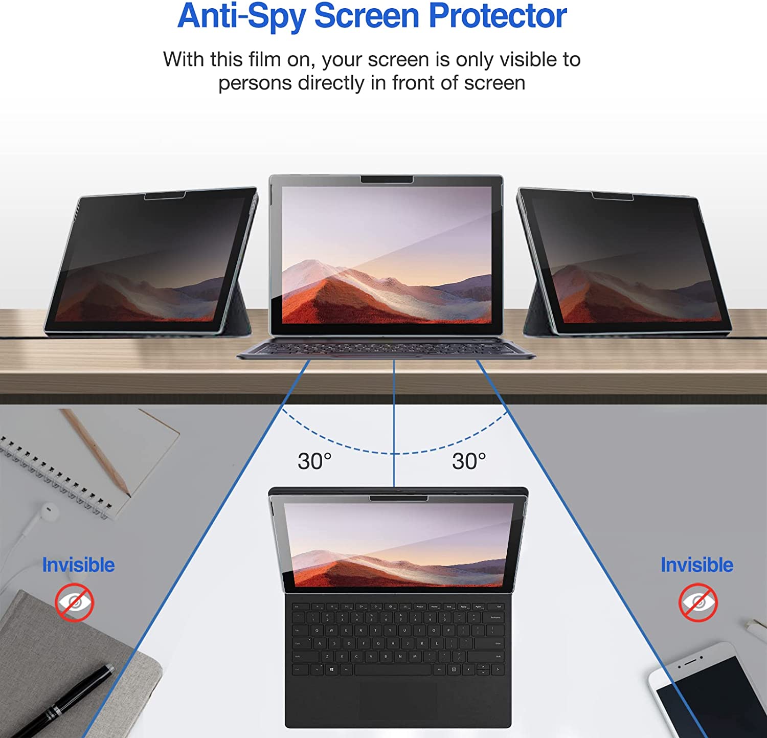 Microsoft Surface Pro 4/ 5/ 6/ 7/ 7 Plus 12.3" Privacy Glass Screen Protector