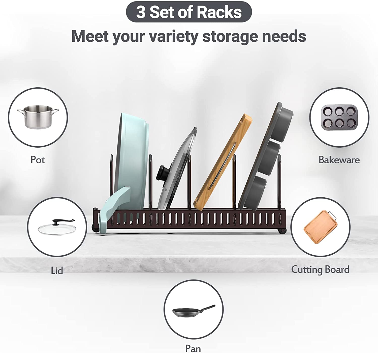 Pot Rack Pan Lid Organizer with 15 Adjustable Dividers