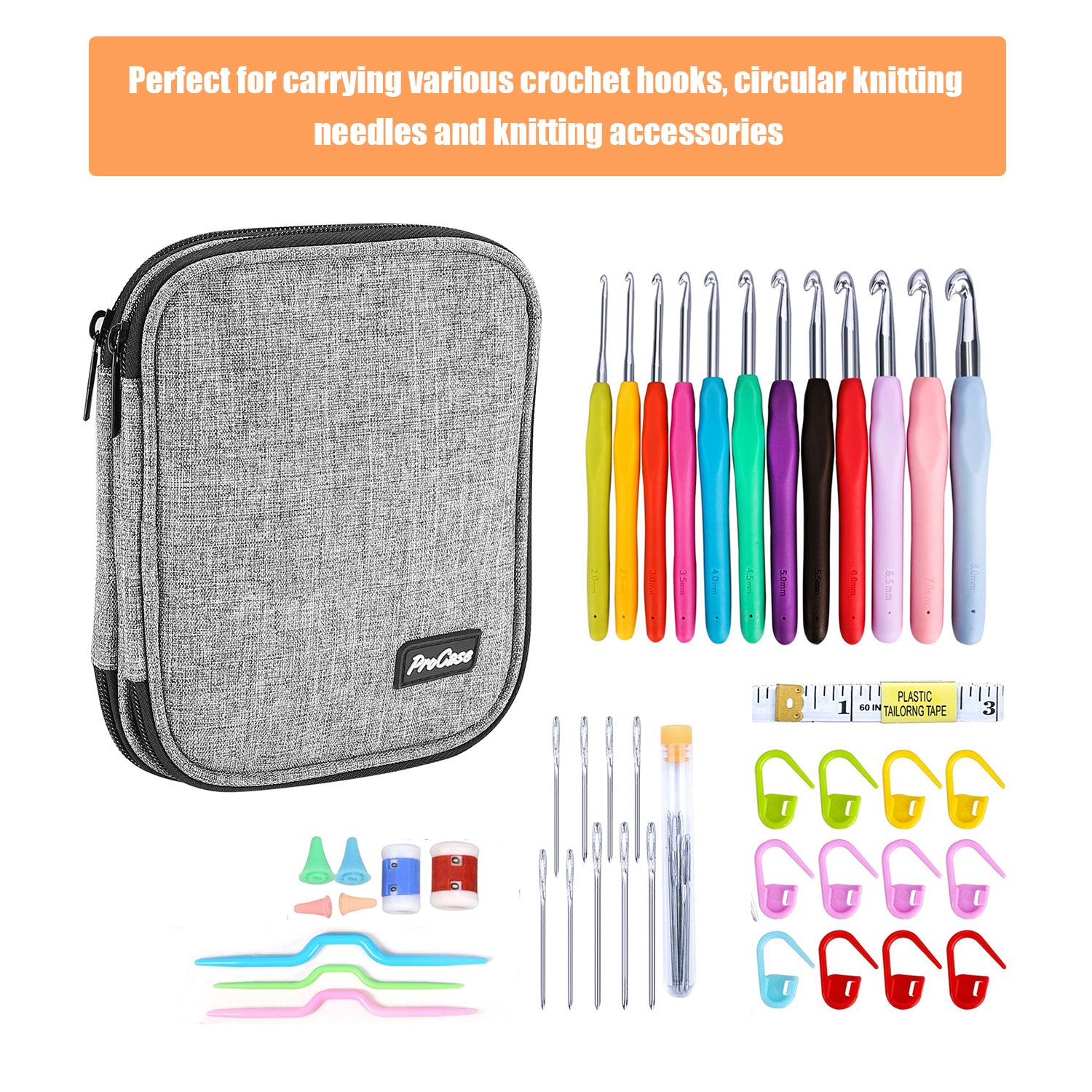 ProCase Crochet Hook Case (Up to 6.5 Inches), Travel Organizer Zipper Bag for Various Crochet Hooks, Circular Knitting Needles and Other Accessories