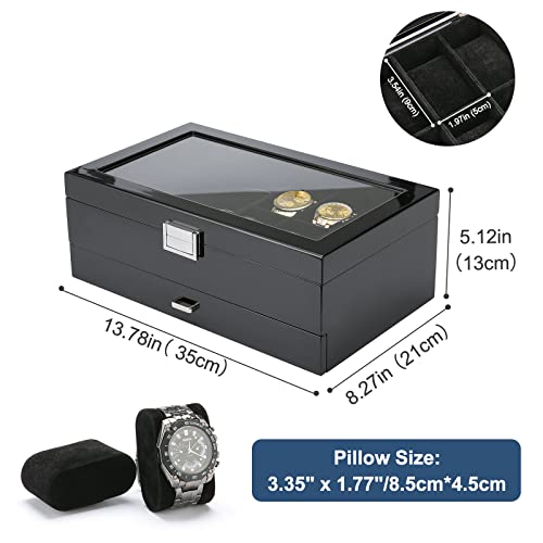 Wooden Jewelry Box with 2-Tier Watch Holder and Glass Top Lid