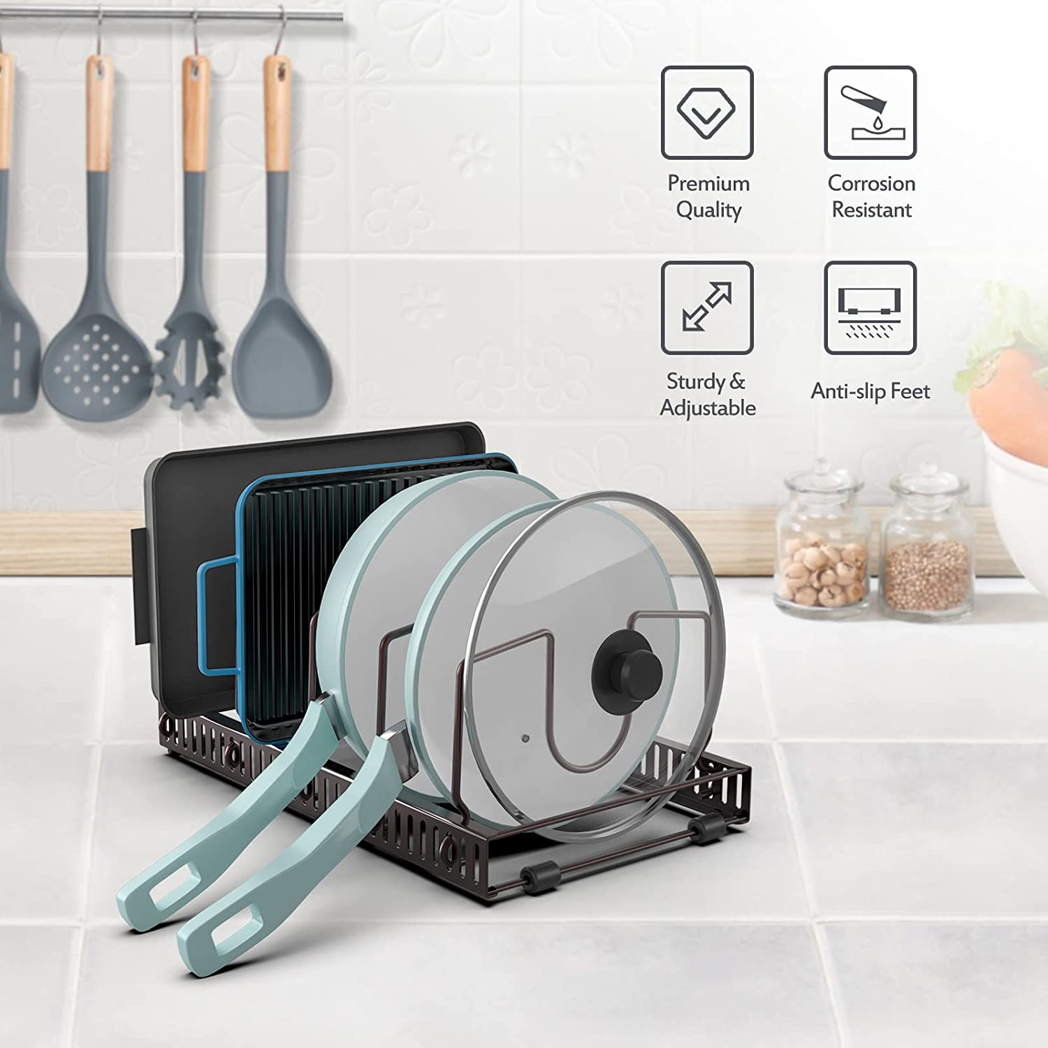 Pot Rack Pan Lid Organizer with 15 Adjustable Dividers