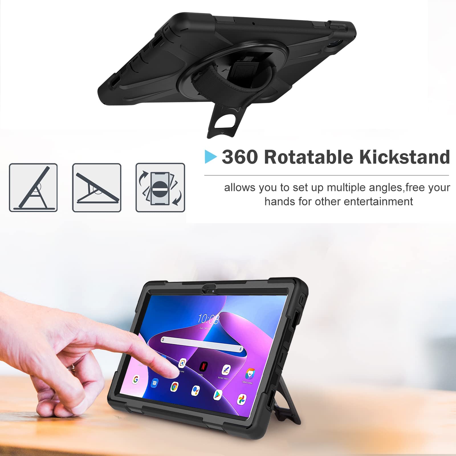 Lenovo Tab M10 Plus 3rd Gen 10.6 Case, Dteck Heavy Duty Drop-Proof  Protection Rugged Case with 360° Rotating Stand Strap Pen Holder for Lenovo  M10