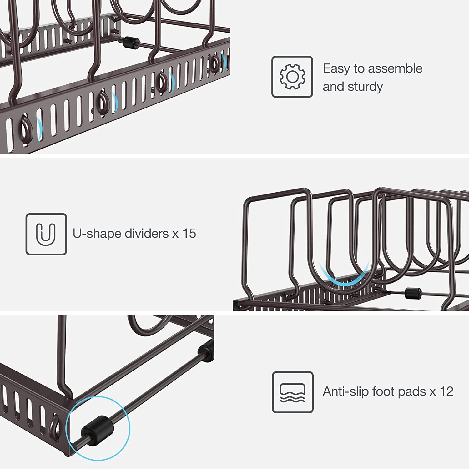 Pot Rack Pan Lid Organizer with 15 Adjustable Dividers