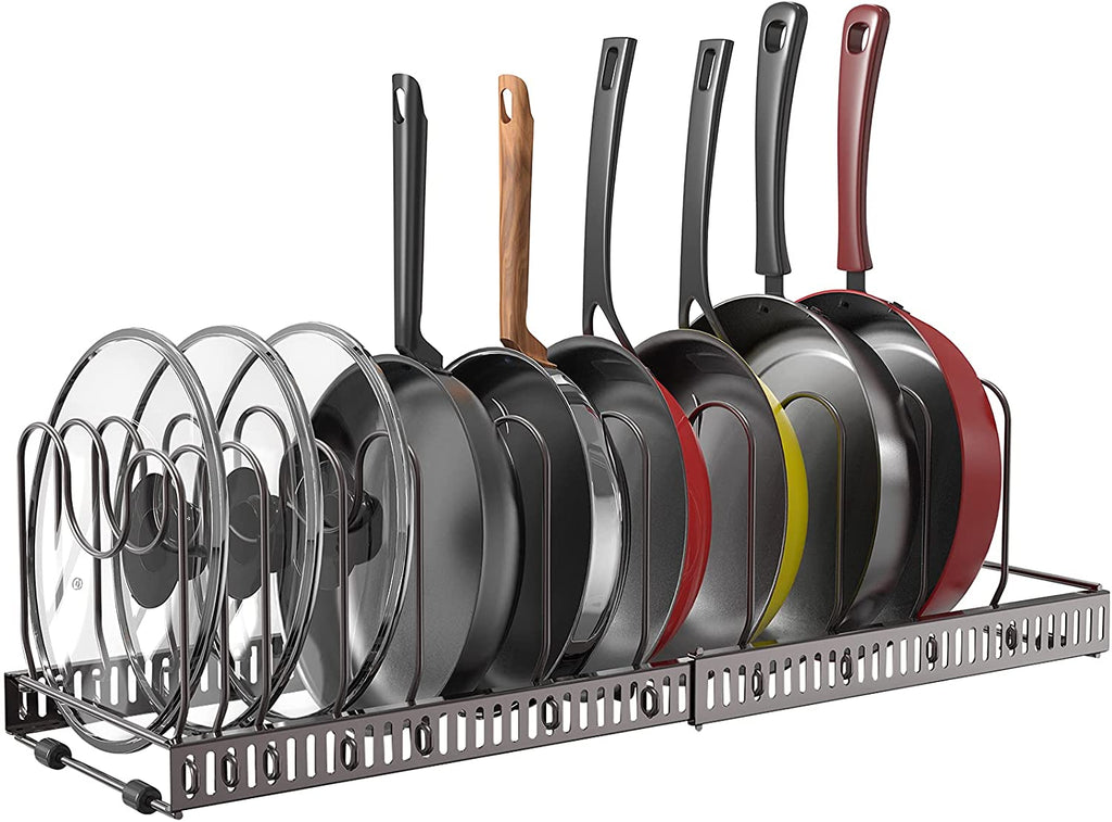Pot Lid Organizer Pan Holder Rack with 10 Dividers and 4 Hooks | Puricon